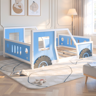 Sunvega Twin Size Blue Classic Car-Shaped Platform Bed with Wheels