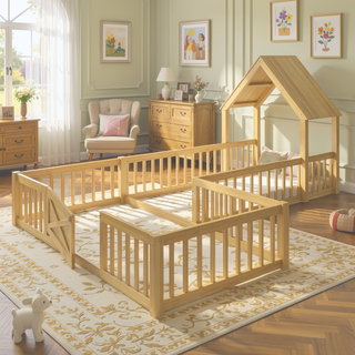 Sunvega Full Size House Floor Bed with Door and Full-Length Guardrails for Kids
