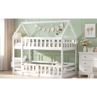 Sunvega Twin over Twin House Bunk Bed with Fence and Door in Gray