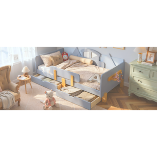 Sunvega Twin Size Solid Wood Platform Bed with Storage Drawers and Guardrail