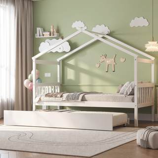 Sunvega Twin Size Wooden House Bed with Trundle and Headboard for Kids Room