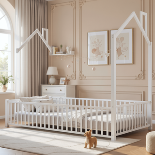 Sunvega White Twin Size House Platform Bed with Guardrail and Chimney