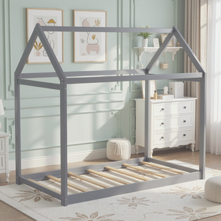 Sunvega Twin Size Gray Wooden House Bed with Eaves Design for Kids Room