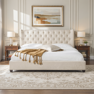 Sunvega Manhattan Shelter King Platform Bed Frame with Wingback Headboard in Light Beige Linen