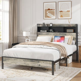 Sunvega Sturdy Single Bed Frame with Headboard Storage and Charging Station
