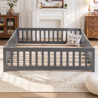 Sunvega Twin Size Floor Bed with Safety Guardrails and Door for Children