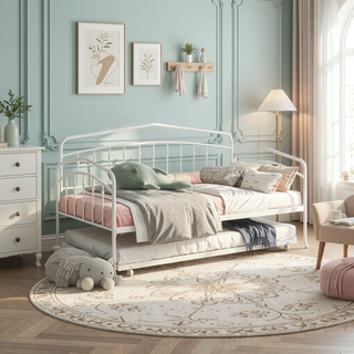 Sunvega Elegant White Twin Daybed with Trundle and Durable Metal Frame