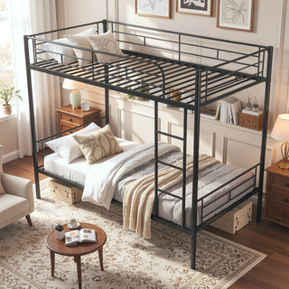 Sunvega Full Over Full Metal Bunk Bed with Chrome Finish and Guardrails