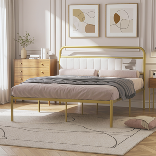 Sunvega Queen Size Metal Frame Bed with Upholstered Headboard for Hotels Villas