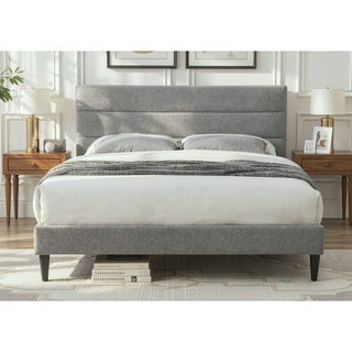 Sunvega Queen Upholstered Pleated Bed in a Box with Sturdy Dark Brown Frame