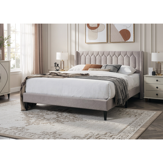 Sunvega Modern Light Brown Burlap Upholstered Diamond Design Queen Headboard