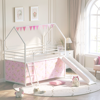 Sunvega Marvel Superhero Metal Twin Loft Bed with Slide and Curtain Set