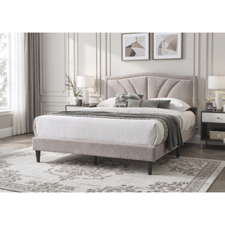 Sunvega Light Brown Burlap Queen Size Bed with Nailhead Trim and Sloped Curve