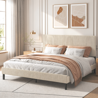 Sunvega Sturdy Noiseless Metal King Bed Frame with Beige Headboard