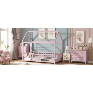 Sunvega Twin Size Wooden Floor Bed with Roof Frame and Safety Guardrails in Grey