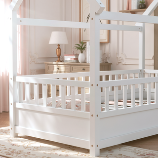 Sunvega Twin Size Floor Wooden Bed with House Roof Frame and Fence Guardrails