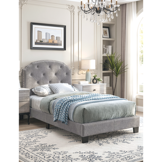 Sunvega Light Gray Finish Twin Size Burlap Fabric Button Tufted Headboard Bed