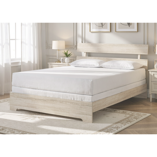 Sunvega Rustic Contemporary Platform Bed Frame with White Wash Finish and Slat Headboard