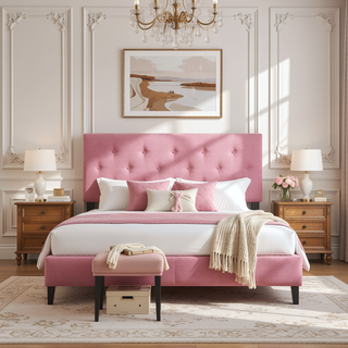 Sunvega Modern Upholstered Platform Bed Frame with Button Tufted Linen Headboard