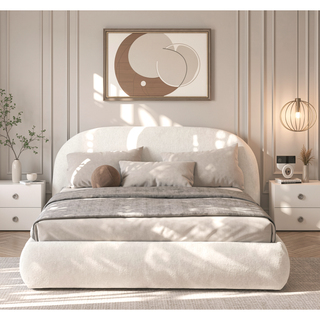 Sunvega Almond White King Upholstered Platform Bed with Arch Puffy Headboard