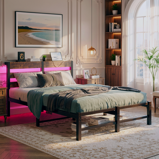 Sunvega Twin Size Heavy Duty LED Bed Frame with USB Charging and Headboard