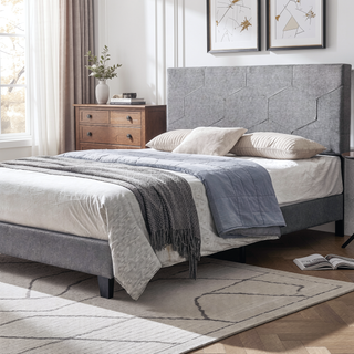 Sunvega King Size Upholstered Platform Bed with Button Tufted Linen Headboard