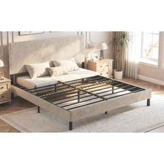 Sunvega Sturdy Noiseless Metal King Bed Frame with Beige Headboard