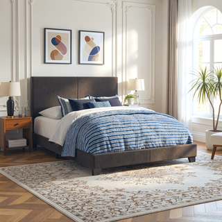 Sunvega Warwick Brown Upholstered Eastern King Panel Bed with Solid Wood Legs and Padded Frame