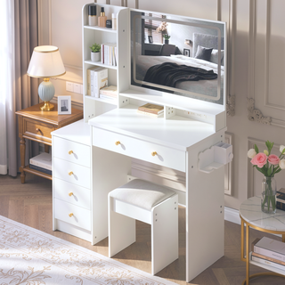 Sunvega 41 Inch Large Size Left Bedside Cabinet Vanity Table with Cushioned Stool