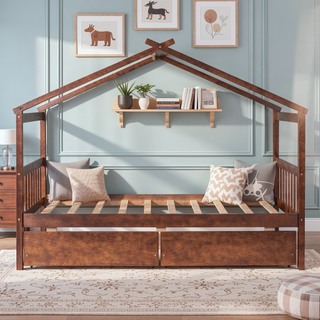 Sunvega Twin Size Wooden House Bed with Drawers and Headboard for Kids Room