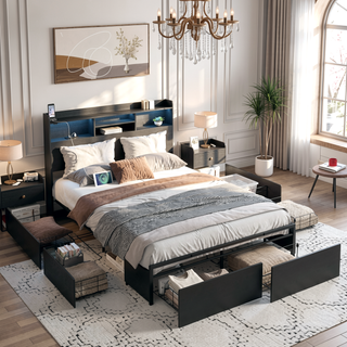 Sunvega Queen Storage Bed Frame with Headboard Charging Station and 4 Drawers