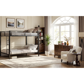 Sunvega Multi-Functional Square Tube Iron Bunk Bed with Full-Size Upper and Lower Beds