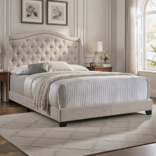 Sunvega Upholstered Eastern King Bed with Tufted Camel Back Headboard and Nailhead Trim