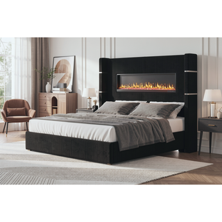 Sunvega Queen Size Upholstered Bed with Electric Fireplace and Bluetooth Speakers in Gray Velvet