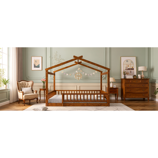 Sunvega Full Size House Bed Frame with Playhouse Fence and Roof for Kids