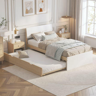 Sunvega Modern White High Gloss Twin Bed Frame with Light Oak Trundle for Space Saving