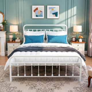 Sunvega Victorian Style Queen Size Metal Platform Bed Frame with Headboard and Under Bed Storage