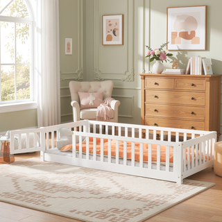 Sunvega Natural Rubber Wood Twin Size Floor Bed with Safety Guardrails and Door