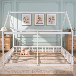 Sunvega Twin Size House Shaped Platform Beds with Safety Guardrails and Roof