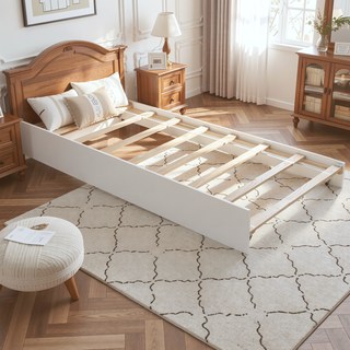Sunvega White Twin Size Wood Platform Bed with Trundle for Maximized Space
