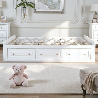 Sunvega Sturdy White Queen Size Platform Bed Frame with 6 Storage Drawers