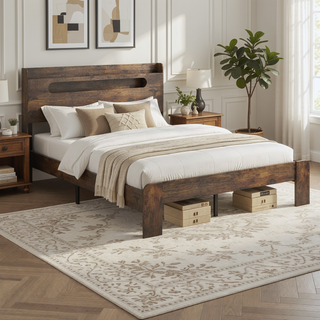Sunvega Queen Wood Platform Bed Frame with Storage Headboard and 2 USB Ports