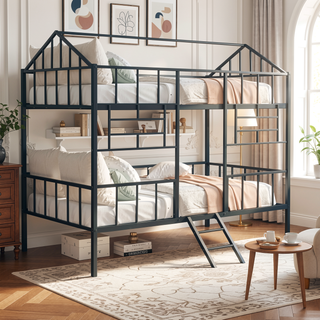 Sunvega Contemporary House Design Black Twin Bunk Bed With Full Metal Construction And Angled Ladder