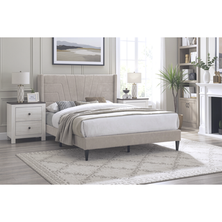 Sunvega Light Brown Queen Size Upholstered Burlap Fabric Headboard Platform Bed