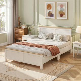 Sunvega Modern Minimalist Full Bed Frame with Headboard and Wood-Grain Tops