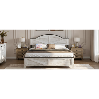 Sunvega Queen Bed Frame with LED Lights Headboard Charging Station and Hidden Storage