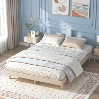 Sunvega Modern Floating Platform Bed Frame in Walnut with Sturdy Wood Construction