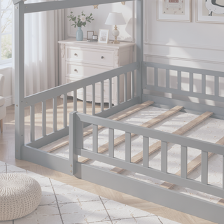 Sunvega Full Size House Bed Frame with Playhouse Fence and Roof for Kids