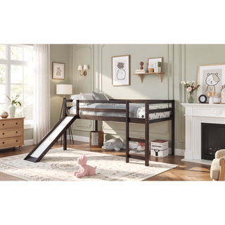 Sunvega Twin Size Wood Loft Bed with Slide Ladder and Guard Rails for Safety