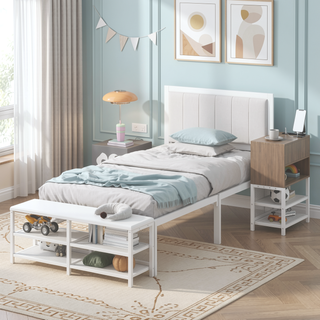 Sunvega Full Size Metal Platform Bed with Two Tier Storage Shelves and Wooden Cabinet